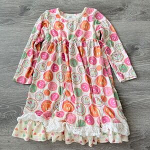 Smocked Sweets Girls 2T Bamboo Long Sleeve Smiley Face Heart Ruffle Dress Pink